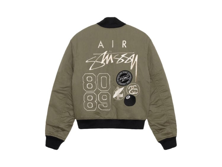 stussy x nike reversible varsity jacket medium olive:bright mandarin