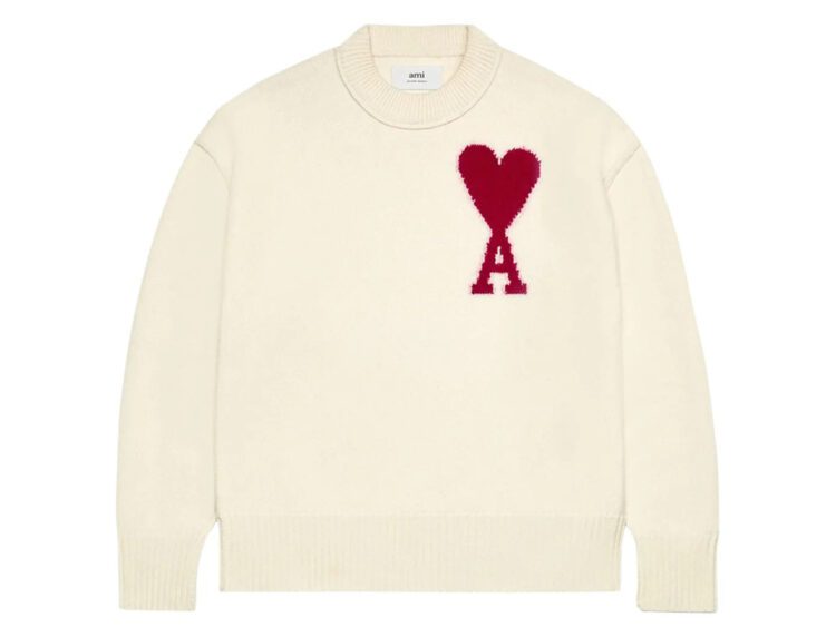 ami paris ami de coeur felted merino wool sweater off white/red