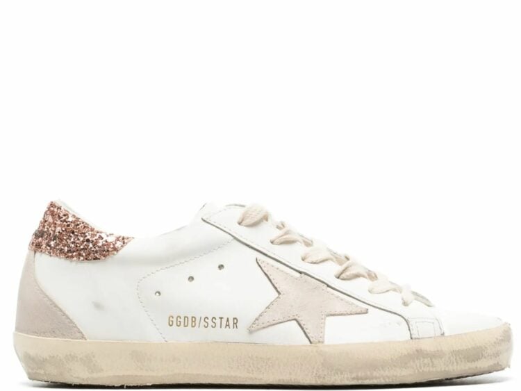 golden goose super star suede star peach pink glitter heel tab