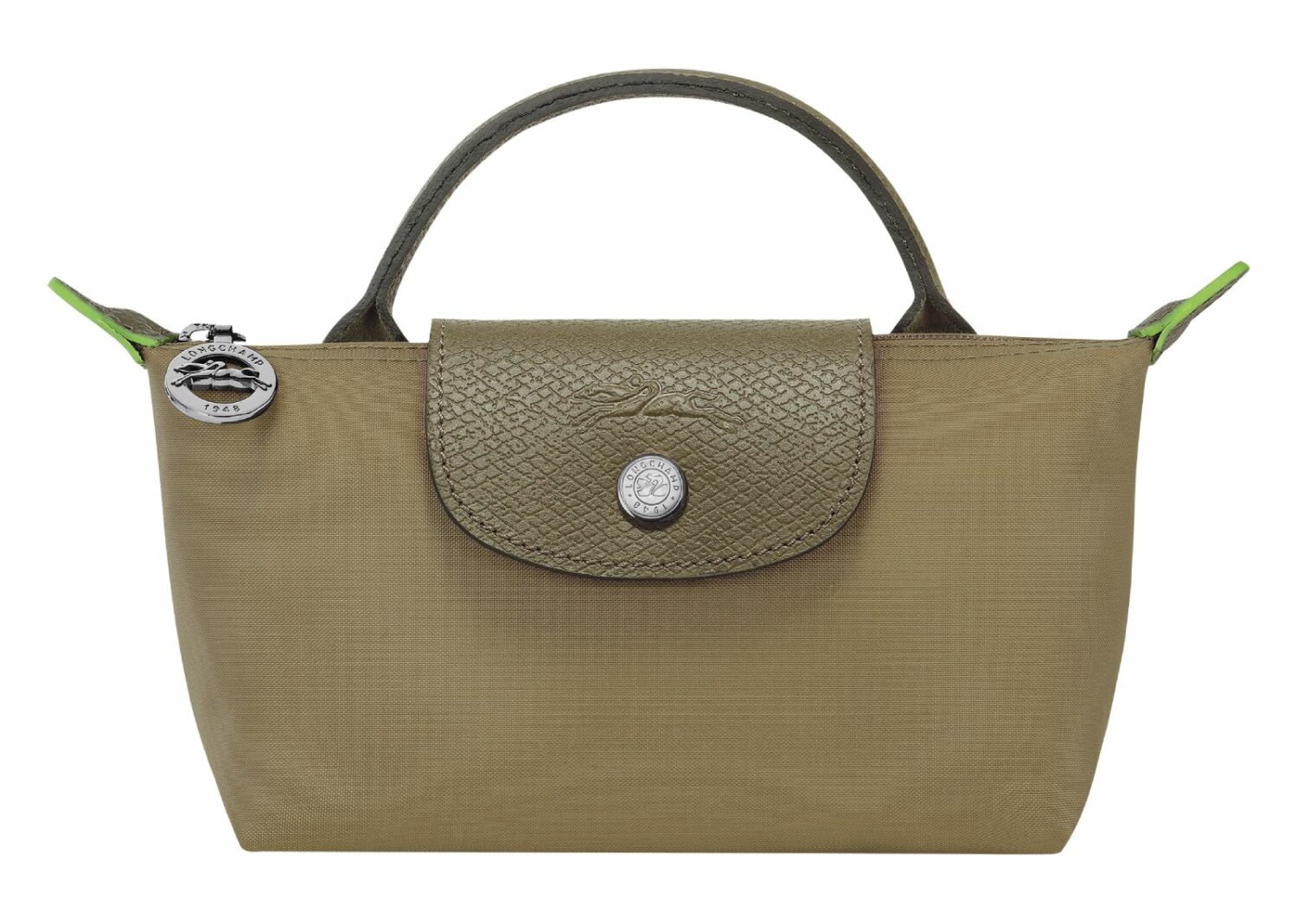 longchamp le pliage green pouch with handle artichoke