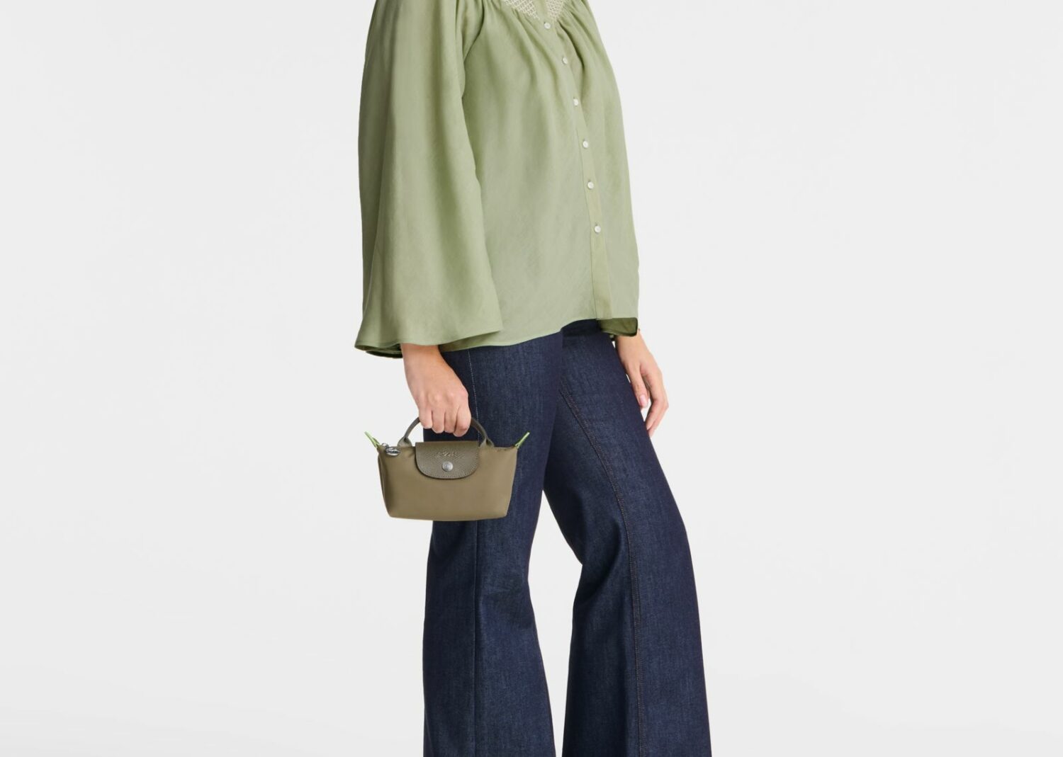 longchamp le pliage green pouch with handle artichoke