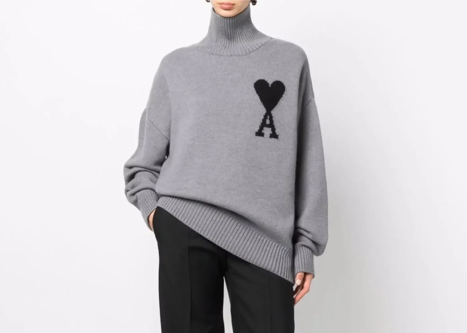 ami paris ami de coeur roll neck jumper grey2
