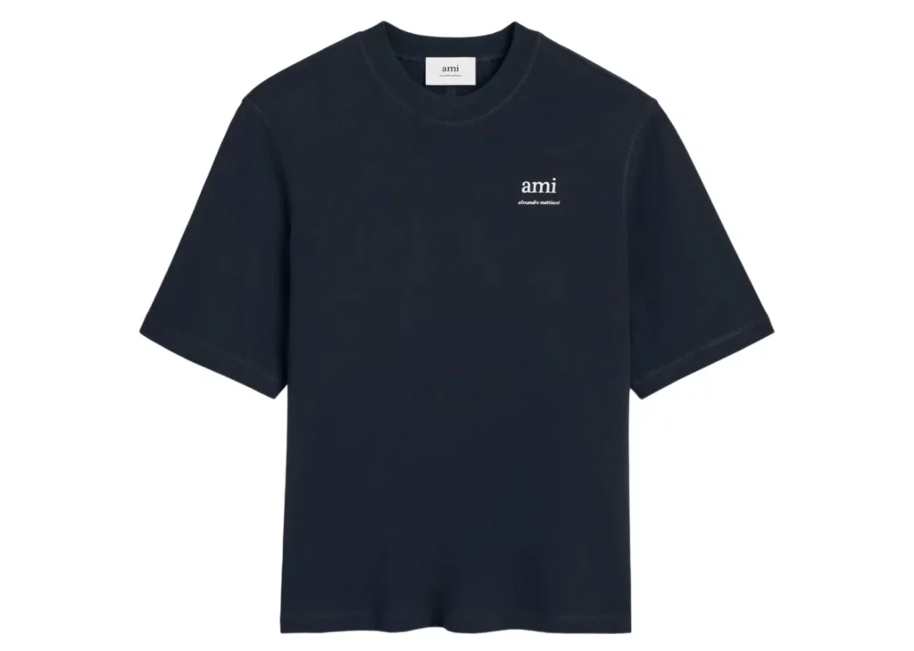 ami paris logo embroidered t shirt navy blue