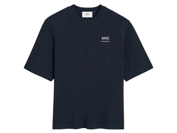 ami paris logo embroidered t shirt navy blue