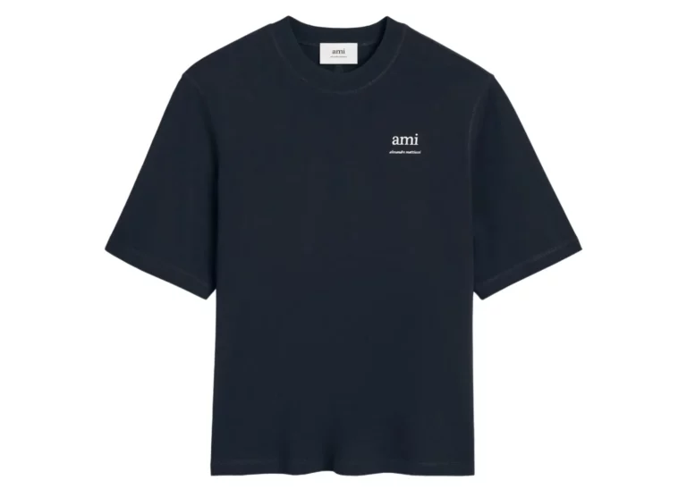 ami paris logo embroidered t shirt navy blue