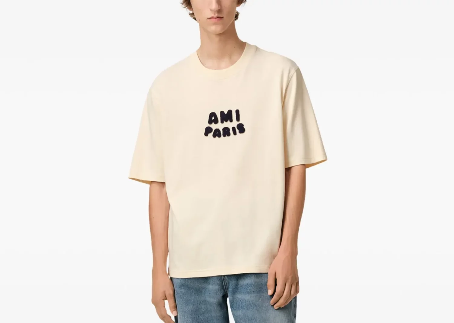 ami paris logo patch t shirt light beige2