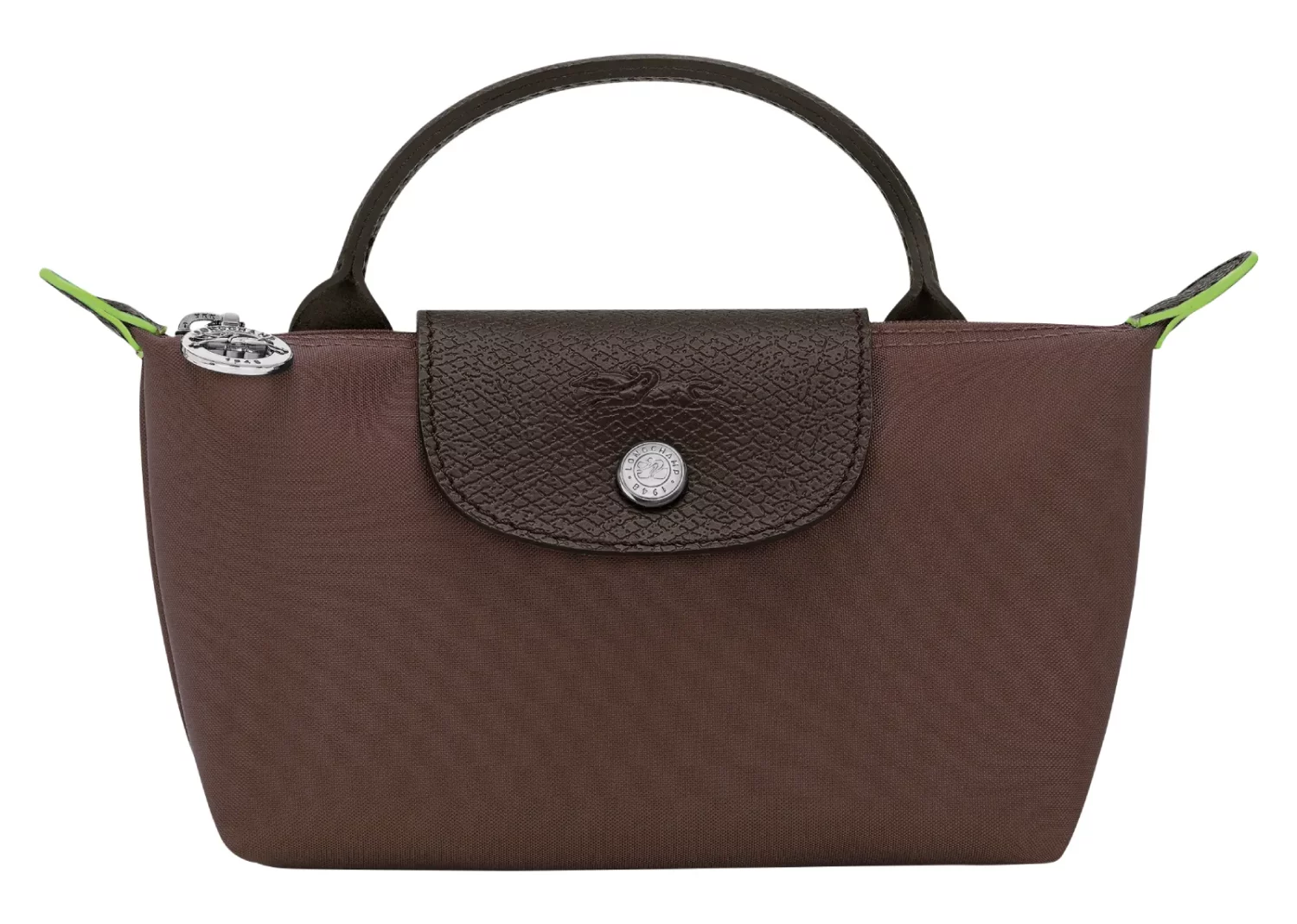 longchamp le pliage green pouch with handle mocha