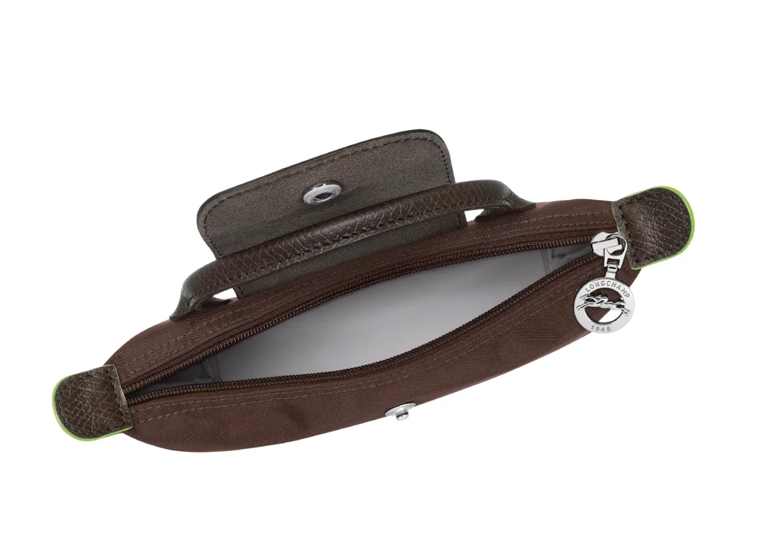 longchamp le pliage green pouch with handle mocha