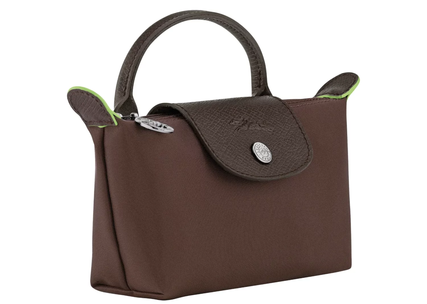 longchamp le pliage green pouch with handle mocha