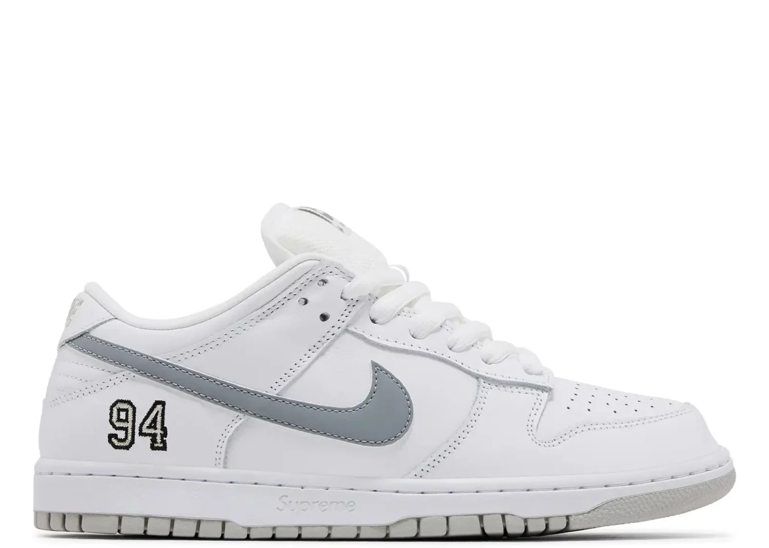 nike sb dunk low supreme 94 white metallic silver