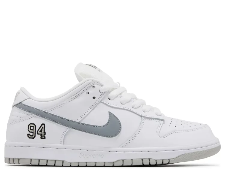 nike sb dunk low supreme 94 white metallic silver